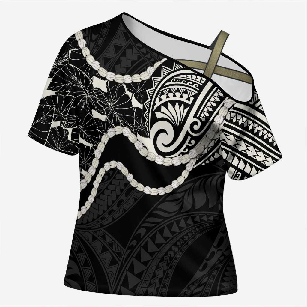 Aloha Hawaii Kalo Pikake Lei Cross Shoulder Shirt Chest Tattoo Black Hawaiian Pattern
