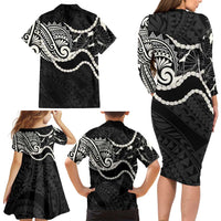 Aloha Hawaii Kalo Pikake Lei Family Matching Long Sleeve Bodycon Dress and Hawaiian Shirt Chest Tattoo Black Hawaiian Pattern LT14 - Polynesian Pride