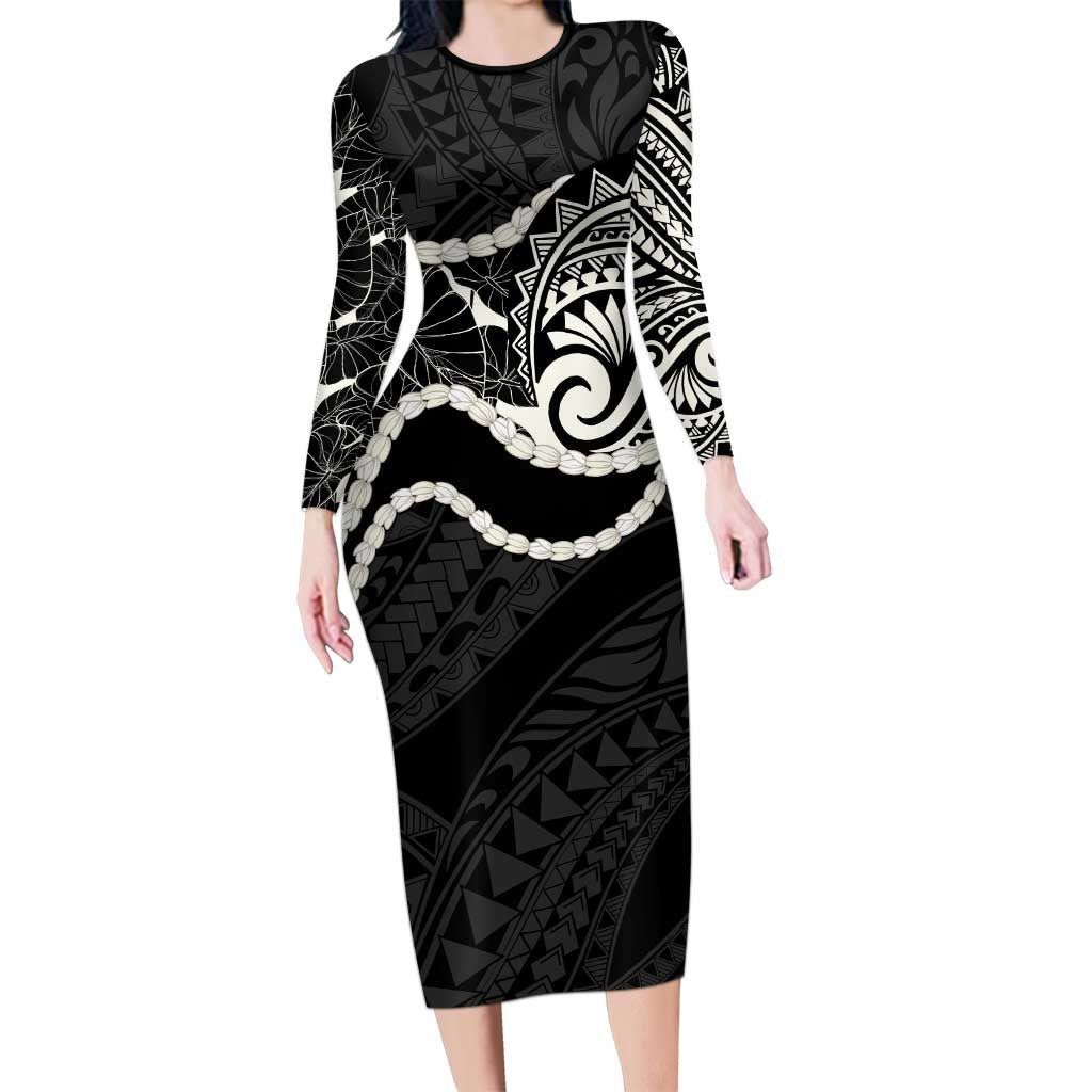 Aloha Hawaii Kalo Pikake Lei Family Matching Long Sleeve Bodycon Dress and Hawaiian Shirt Chest Tattoo Black Hawaiian Pattern LT14 Mom's Dress Black - Polynesian Pride