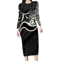 Aloha Hawaii Kalo Pikake Lei Family Matching Long Sleeve Bodycon Dress and Hawaiian Shirt Chest Tattoo Black Hawaiian Pattern LT14 Mom's Dress Black - Polynesian Pride