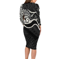 Aloha Hawaii Kalo Pikake Lei Family Matching Long Sleeve Bodycon Dress and Hawaiian Shirt Chest Tattoo Black Hawaiian Pattern LT14 - Polynesian Pride