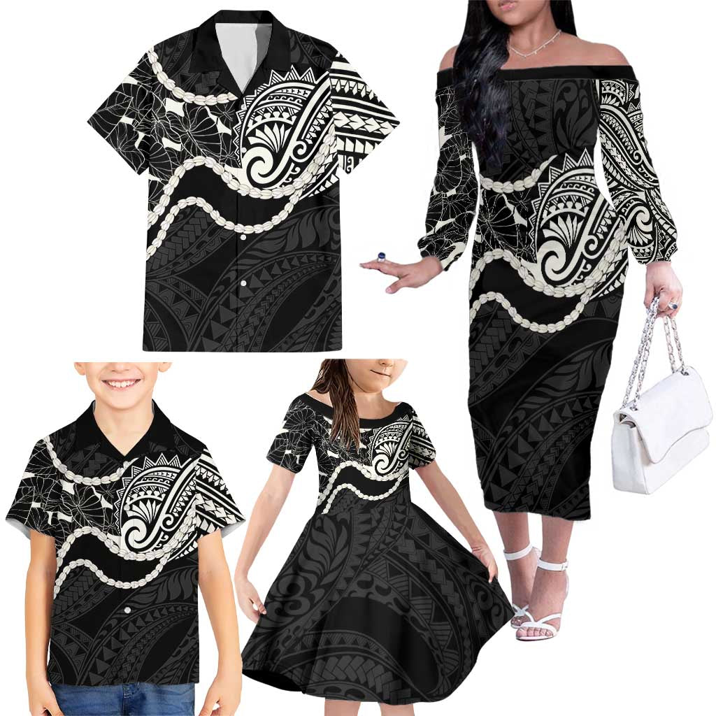 Aloha Hawaii Kalo Pikake Lei Family Matching Off The Shoulder Long Sleeve Dress and Hawaiian Shirt Chest Tattoo Black Hawaiian Pattern