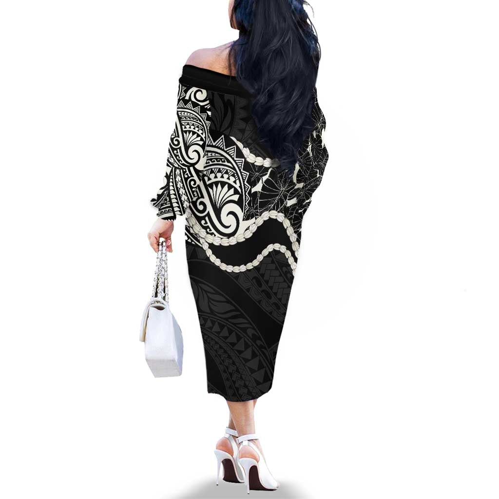 Aloha Hawaii Kalo Pikake Lei Family Matching Off The Shoulder Long Sleeve Dress and Hawaiian Shirt Chest Tattoo Black Hawaiian Pattern LT14 - Polynesian Pride