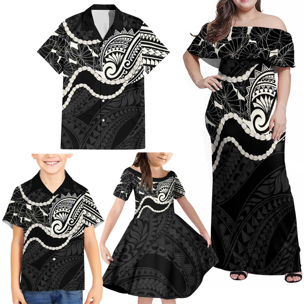 Aloha Hawaii Kalo Pikake Lei Family Matching Off Shoulder Maxi Dress and Hawaiian Shirt Chest Tattoo Black Hawaiian Pattern LT14 - Polynesian Pride