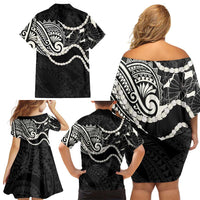 Aloha Hawaii Kalo Pikake Lei Family Matching Off Shoulder Short Dress and Hawaiian Shirt Chest Tattoo Black Hawaiian Pattern LT14 - Polynesian Pride