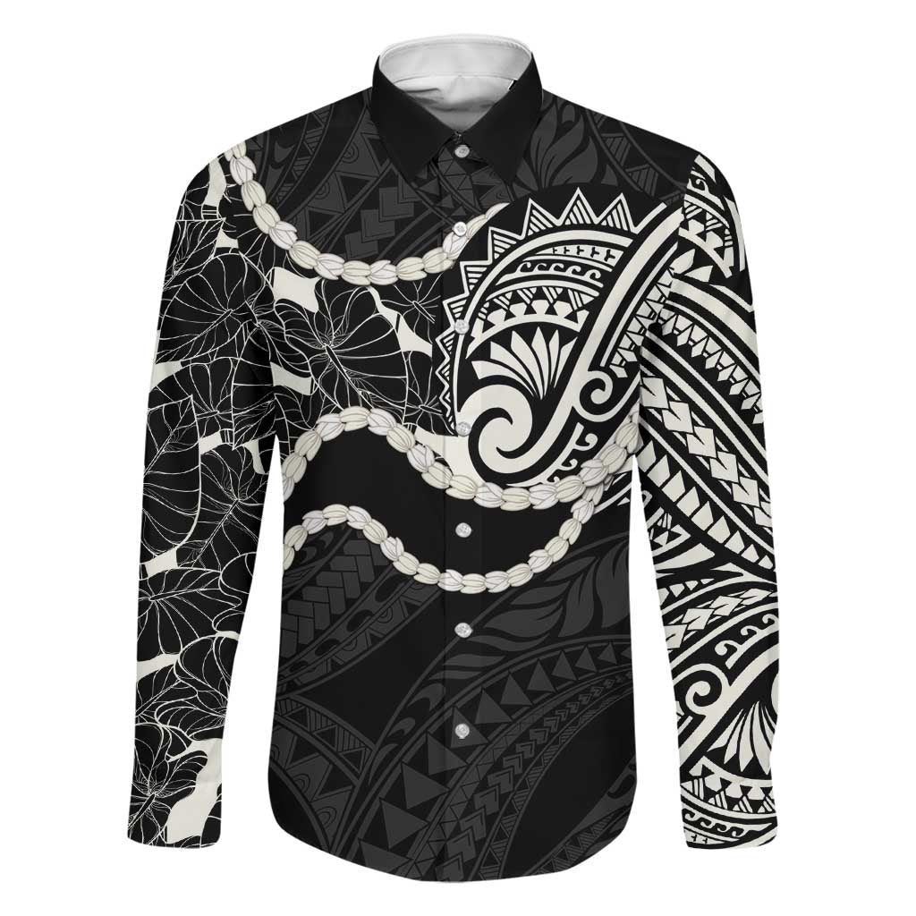 Aloha Hawaii Kalo Pikake Lei Family Matching Off Shoulder Short Dress and Hawaiian Shirt Chest Tattoo Black Hawaiian Pattern LT14 Dad's Shirt - Long Sleeve Black - Polynesian Pride