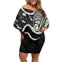 Aloha Hawaii Kalo Pikake Lei Family Matching Off Shoulder Short Dress and Hawaiian Shirt Chest Tattoo Black Hawaiian Pattern LT14 Mom's Dress Black - Polynesian Pride