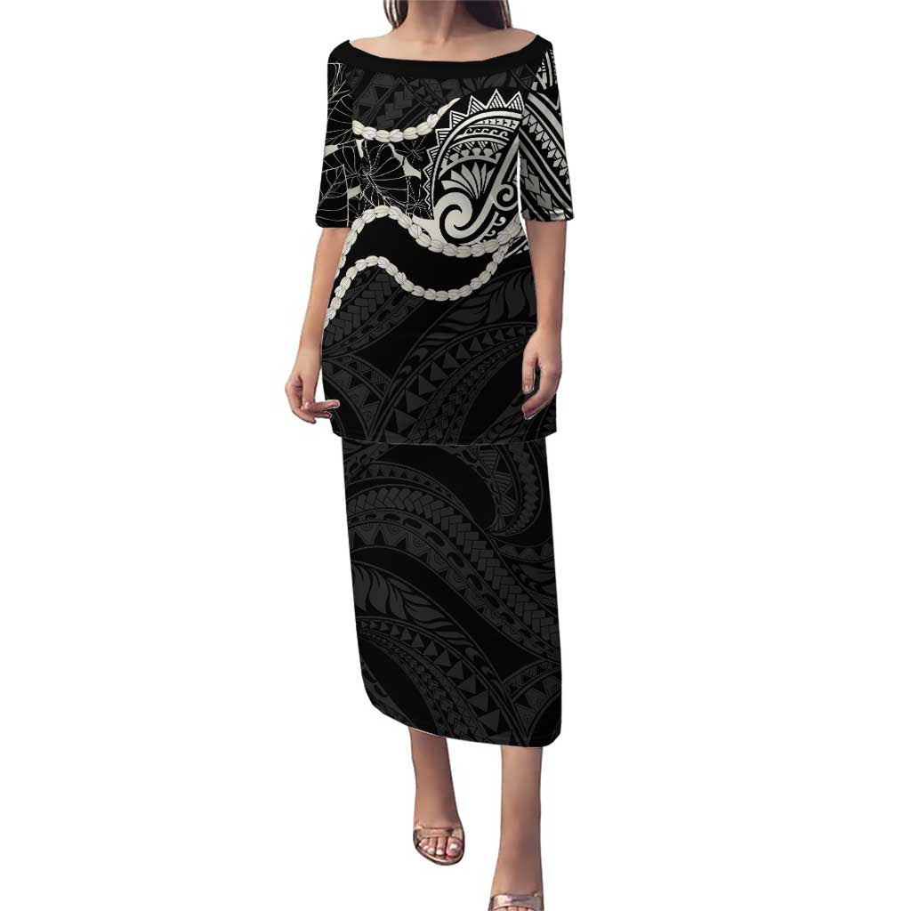 Aloha Hawaii Kalo Pikake Lei Family Matching Puletasi and Hawaiian Shirt Chest Tattoo Black Hawaiian Pattern LT14 Mom's Dress Black - Polynesian Pride