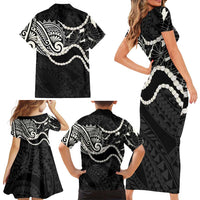 Aloha Hawaii Kalo Pikake Lei Family Matching Short Sleeve Bodycon Dress and Hawaiian Shirt Chest Tattoo Black Hawaiian Pattern LT14 - Polynesian Pride