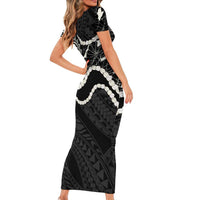Aloha Hawaii Kalo Pikake Lei Family Matching Short Sleeve Bodycon Dress and Hawaiian Shirt Chest Tattoo Black Hawaiian Pattern LT14 - Polynesian Pride
