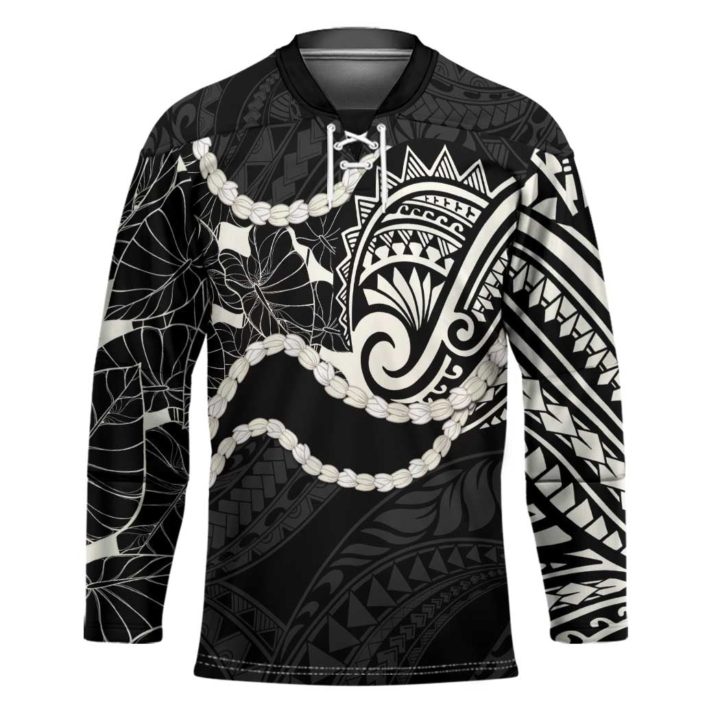 Aloha Hawaii Kalo Pikake Lei Hockey Jersey Chest Tattoo Black Hawaiian Pattern