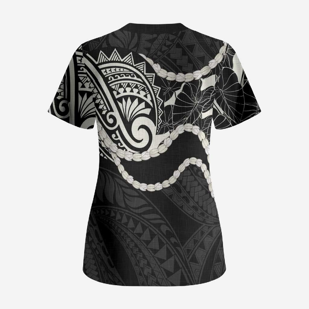 Aloha Hawaii Kalo Pikake Lei Scrub Top Chest Tattoo Black Hawaiian Pattern