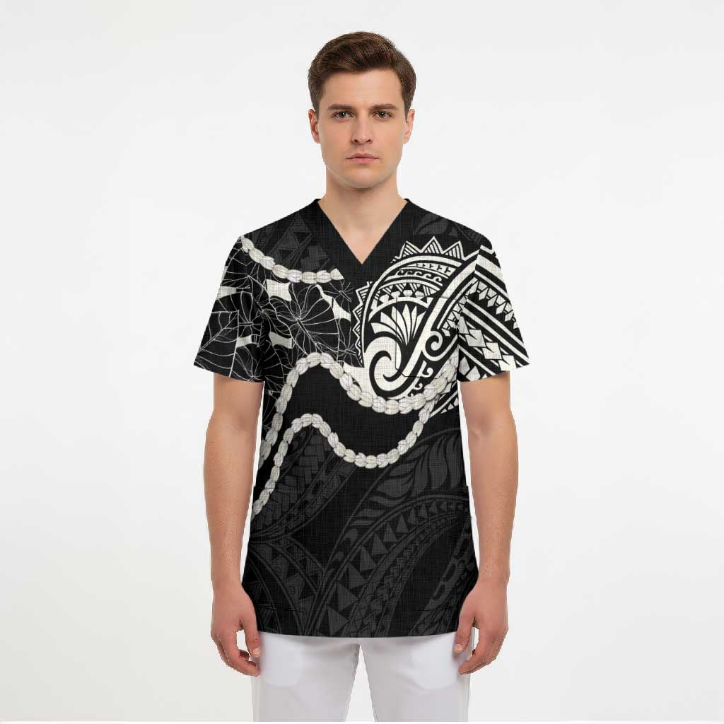 Aloha Hawaii Kalo Pikake Lei Scrub Top Chest Tattoo Black Hawaiian Pattern