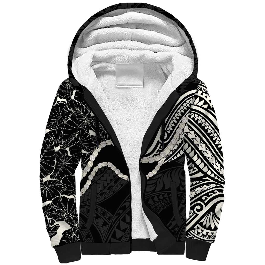 Aloha Hawaii Kalo Pikake Lei Sherpa Hoodie Chest Tattoo Black Hawaiian Pattern