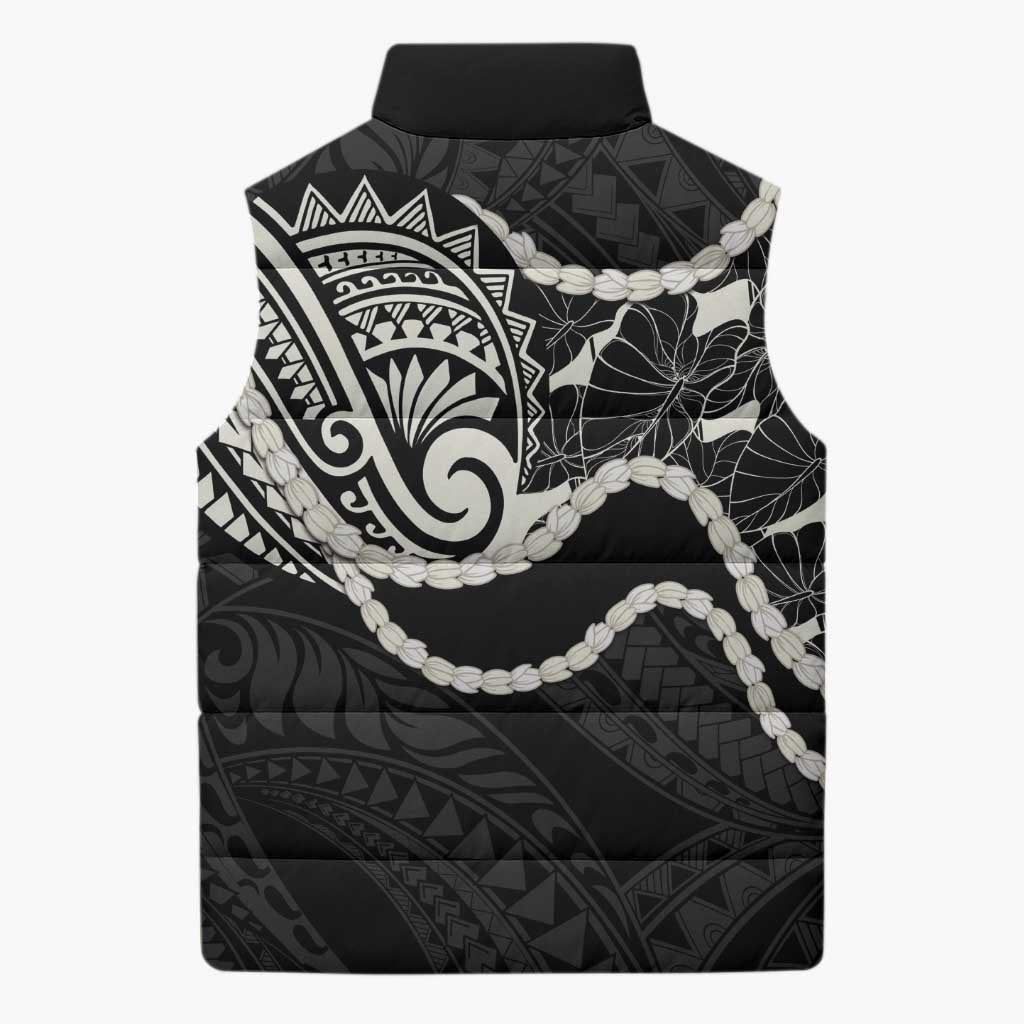 Aloha Hawaii Kalo Pikake Lei Sleeveless Puffer Jacket Chest Tattoo Black Hawaiian Pattern