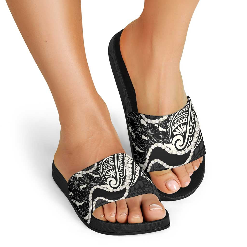 Aloha Hawaii Kalo Pikake Lei Slide Sandals Chest Tattoo Black Hawaiian Pattern