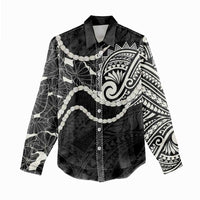 Aloha Hawaii Kalo Pikake Lei Women Casual Shirt Chest Tattoo Black Hawaiian Pattern