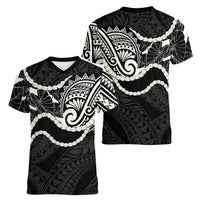 Aloha Hawaii Kalo Pikake Lei Women V-Neck T-Shirt Chest Tattoo Black Hawaiian Pattern