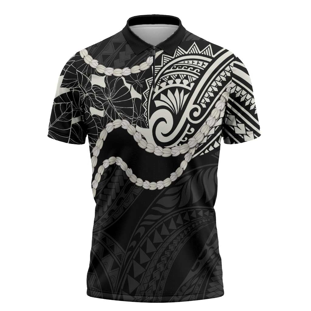 Aloha Hawaii Kalo Pikake Lei Zipper Polo Shirt Chest Tattoo Black Hawaiian Pattern