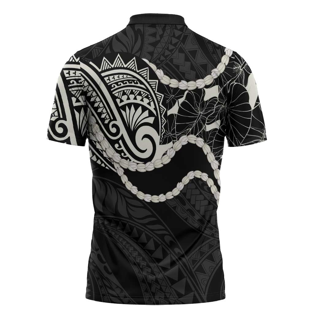 Aloha Hawaii Kalo Pikake Lei Zipper Polo Shirt Chest Tattoo Black Hawaiian Pattern