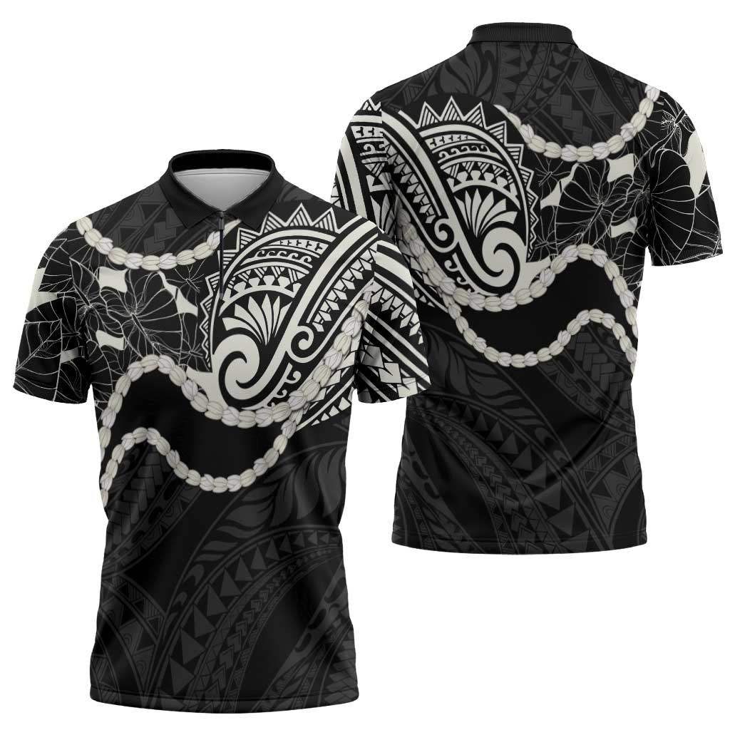 Aloha Hawaii Kalo Pikake Lei Zipper Polo Shirt Chest Tattoo Black Hawaiian Pattern