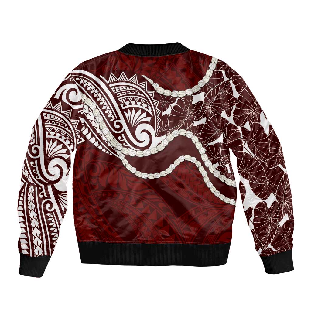 Aloha Hawaii Kalo Pikake Lei Bomber Jacket Chest Tattoo Oxblood Hawaiian Pattern
