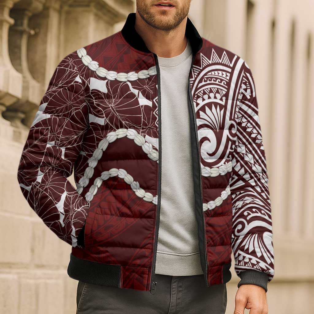 Aloha Hawaii Kalo Pikake Lei Bomber Puffer Jacket Chest Tattoo Oxblood Hawaiian Pattern