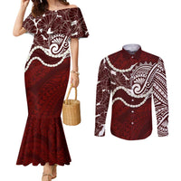 Aloha Hawaii Kalo Pikake Lei Couples Matching Mermaid Dress and Long Sleeve Button Shirt Chest Tattoo Oxblood Hawaiian Pattern LT14 Oxblood - Polynesian Pride