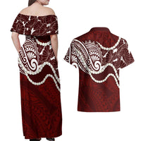 Aloha Hawaii Kalo Pikake Lei Couples Matching Off Shoulder Maxi Dress and Hawaiian Shirt Chest Tattoo Oxblood Hawaiian Pattern LT14 - Polynesian Pride
