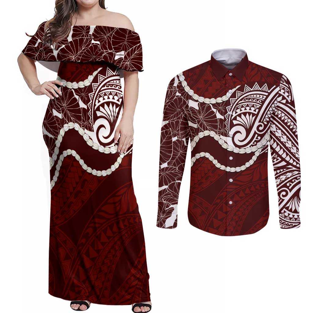 Aloha Hawaii Kalo Pikake Lei Couples Matching Off Shoulder Maxi Dress and Long Sleeve Button Shirt Chest Tattoo Oxblood Hawaiian Pattern