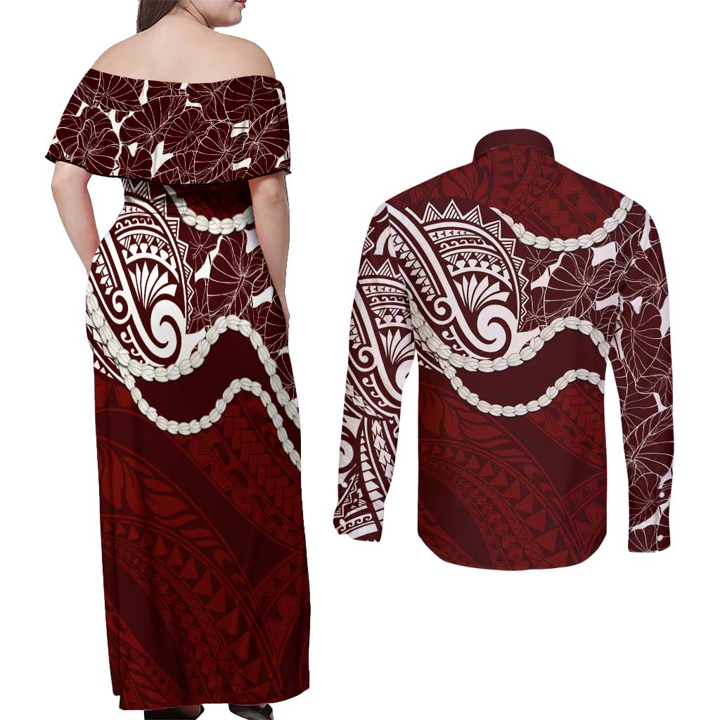 Aloha Hawaii Kalo Pikake Lei Couples Matching Off Shoulder Maxi Dress and Long Sleeve Button Shirt Chest Tattoo Oxblood Hawaiian Pattern
