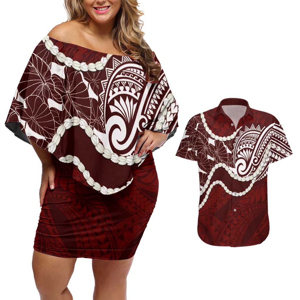 Aloha Hawaii Kalo Pikake Lei Couples Matching Off Shoulder Short Dress and Hawaiian Shirt Chest Tattoo Oxblood Hawaiian Pattern