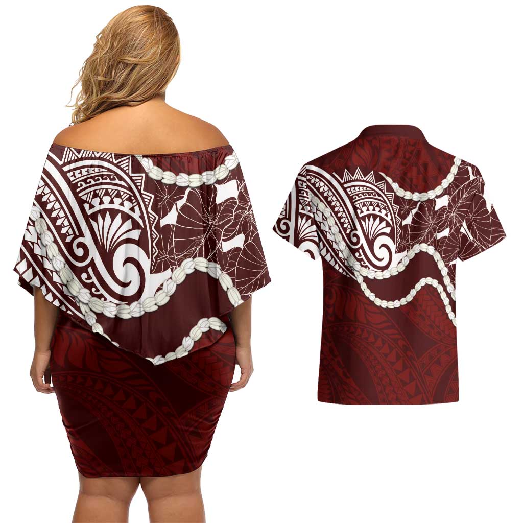 Aloha Hawaii Kalo Pikake Lei Couples Matching Off Shoulder Short Dress and Hawaiian Shirt Chest Tattoo Oxblood Hawaiian Pattern LT14 - Polynesian Pride