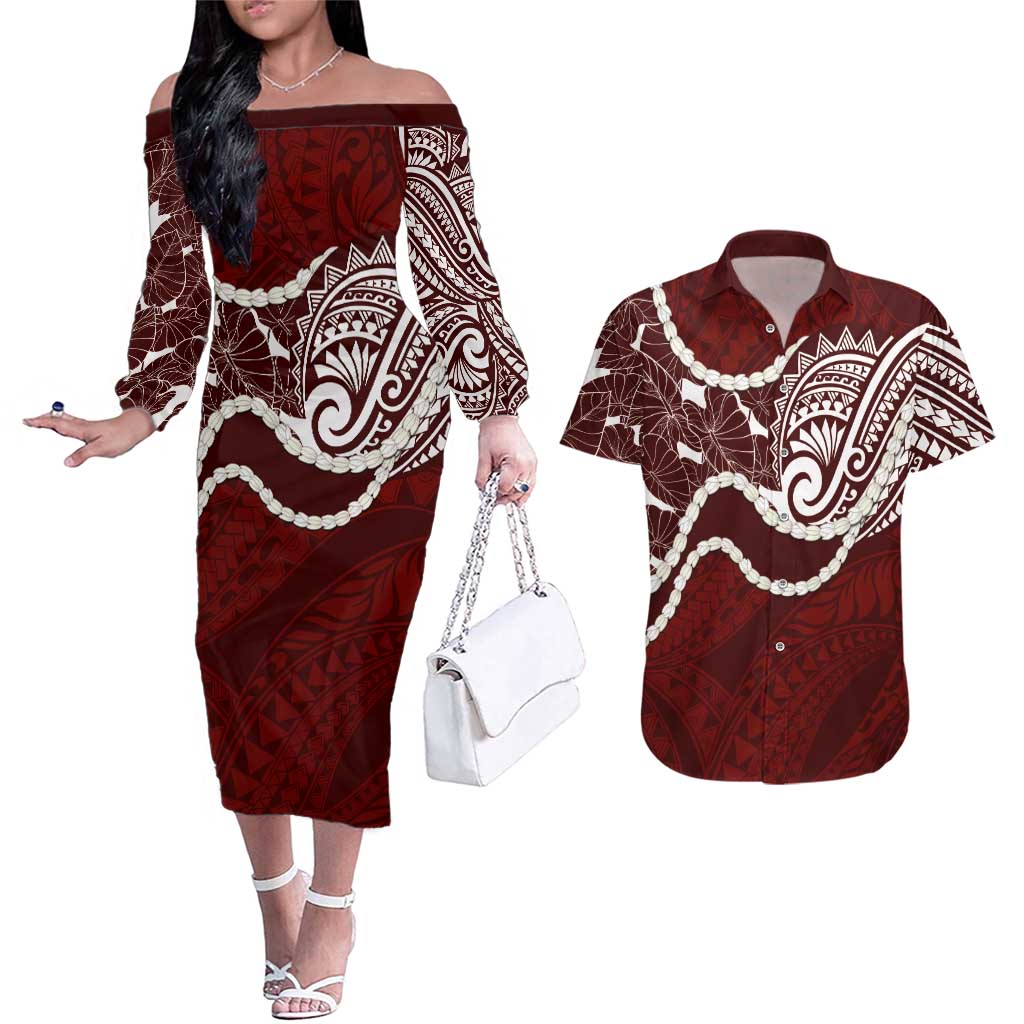 Aloha Hawaii Kalo Pikake Lei Couples Matching Off The Shoulder Long Sleeve Dress and Hawaiian Shirt Chest Tattoo Oxblood Hawaiian Pattern