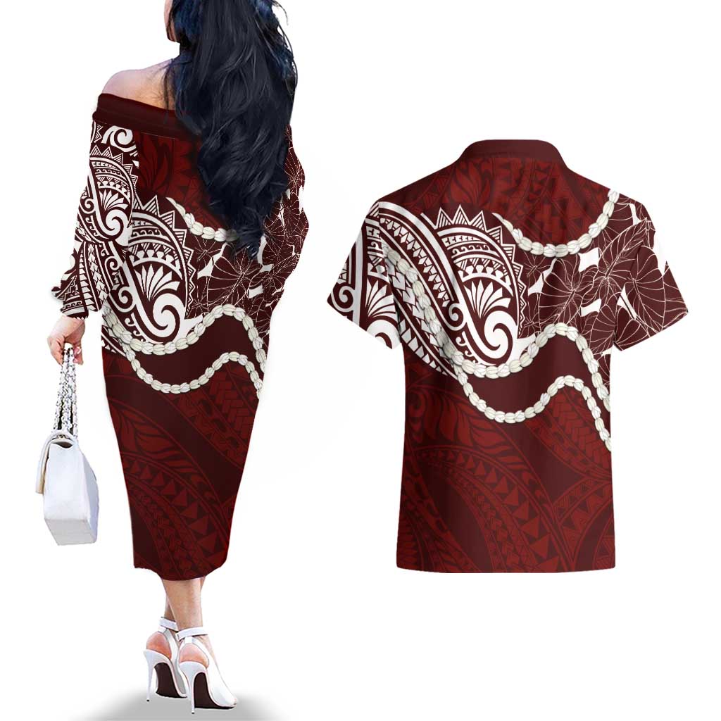 Aloha Hawaii Kalo Pikake Lei Couples Matching Off The Shoulder Long Sleeve Dress and Hawaiian Shirt Chest Tattoo Oxblood Hawaiian Pattern LT14 - Polynesian Pride