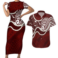 Aloha Hawaii Kalo Pikake Lei Couples Matching Short Sleeve Bodycon Dress and Hawaiian Shirt Chest Tattoo Oxblood Hawaiian Pattern LT14 Oxblood - Polynesian Pride
