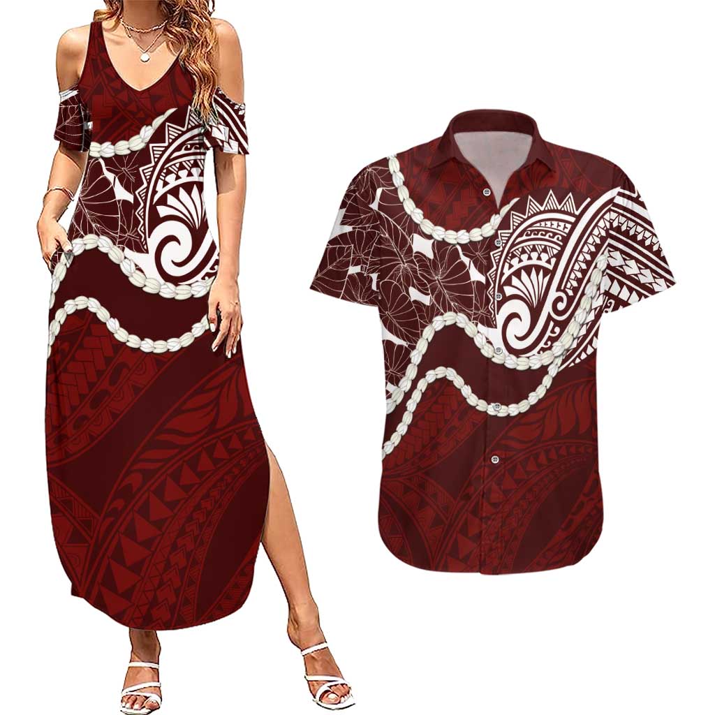 Aloha Hawaii Kalo Pikake Lei Couples Matching Summer Maxi Dress and Hawaiian Shirt Chest Tattoo Oxblood Hawaiian Pattern
