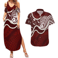 Aloha Hawaii Kalo Pikake Lei Couples Matching Summer Maxi Dress and Hawaiian Shirt Chest Tattoo Oxblood Hawaiian Pattern LT14 Oxblood - Polynesian Pride