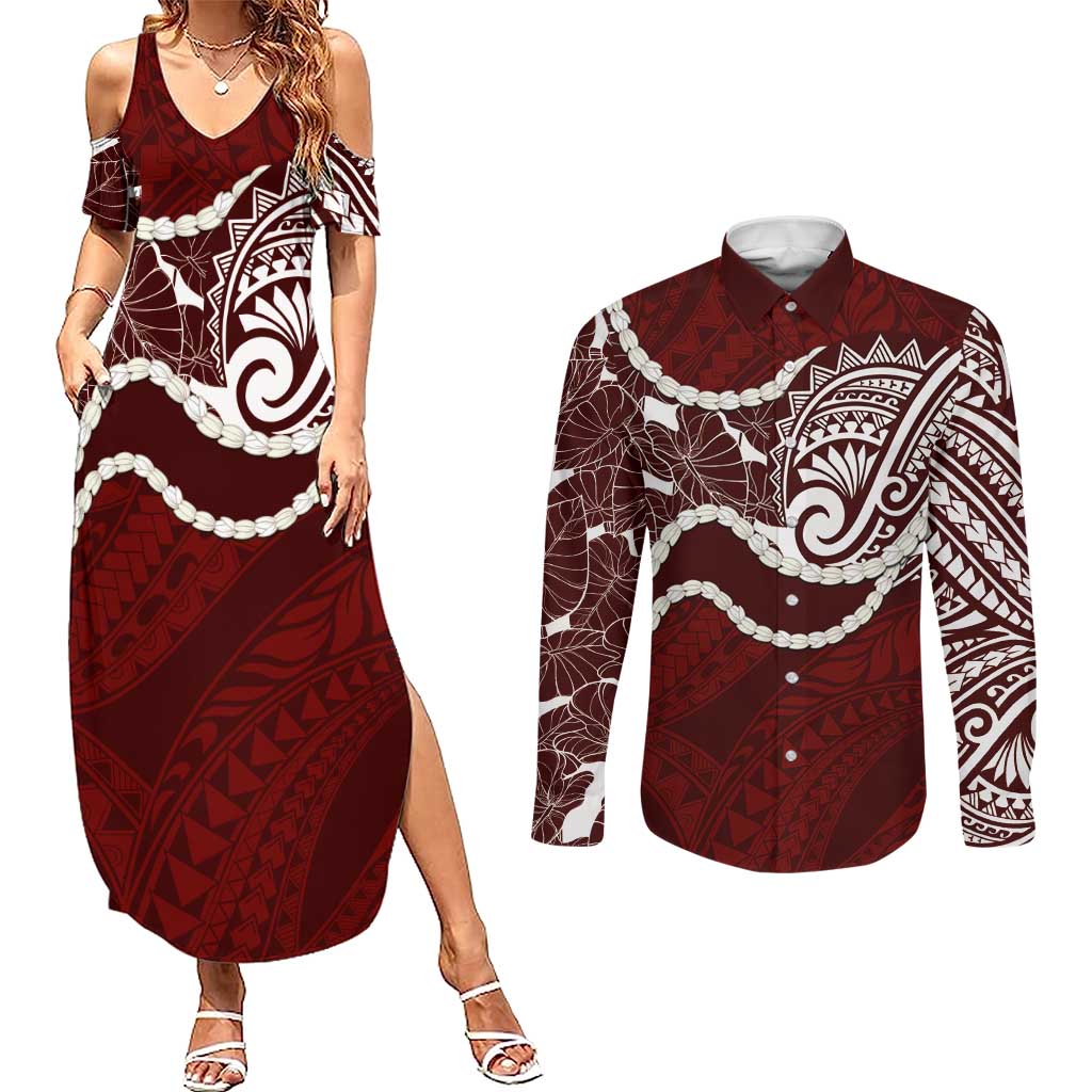 Aloha Hawaii Kalo Pikake Lei Couples Matching Summer Maxi Dress and Long Sleeve Button Shirt Chest Tattoo Oxblood Hawaiian Pattern LT14 Oxblood - Polynesian Pride