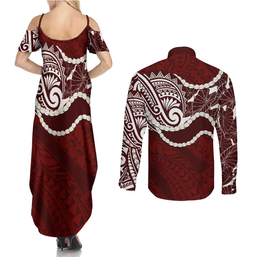 Aloha Hawaii Kalo Pikake Lei Couples Matching Summer Maxi Dress and Long Sleeve Button Shirt Chest Tattoo Oxblood Hawaiian Pattern LT14 - Polynesian Pride
