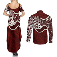 Aloha Hawaii Kalo Pikake Lei Couples Matching Summer Maxi Dress and Long Sleeve Button Shirt Chest Tattoo Oxblood Hawaiian Pattern LT14 - Polynesian Pride
