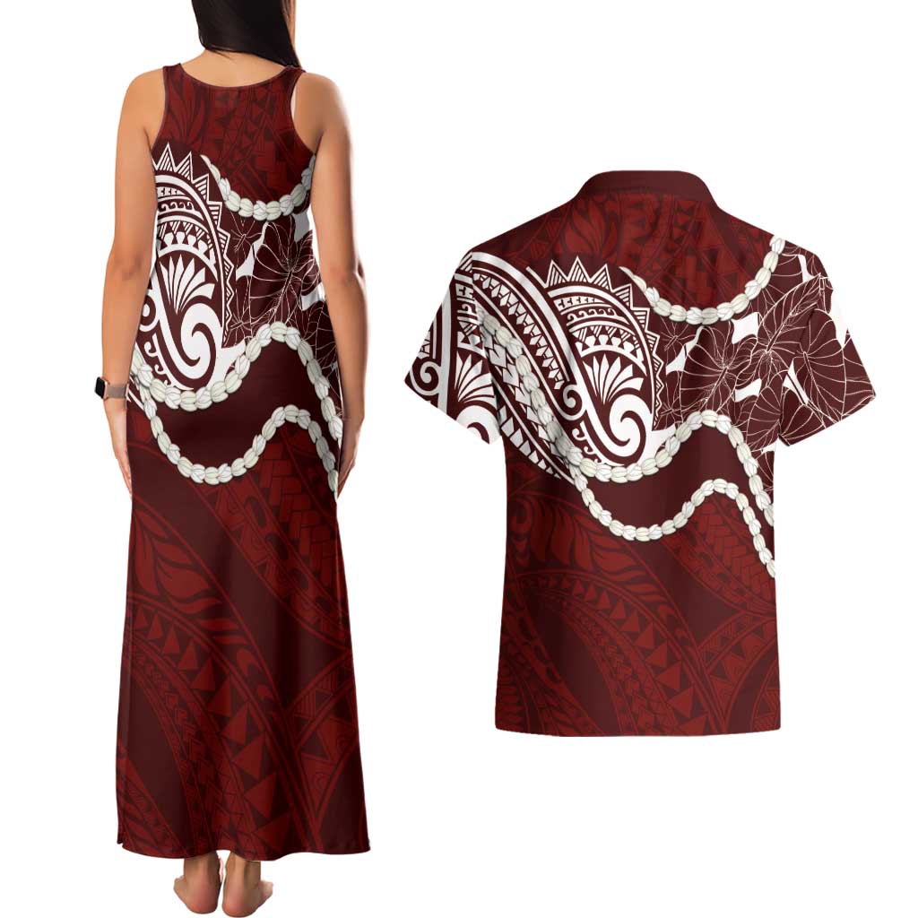 Aloha Hawaii Kalo Pikake Lei Couples Matching Tank Maxi Dress and Hawaiian Shirt Chest Tattoo Oxblood Hawaiian Pattern LT14 - Polynesian Pride