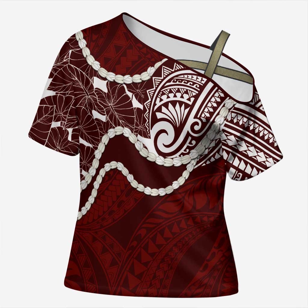 Aloha Hawaii Kalo Pikake Lei Cross Shoulder Shirt Chest Tattoo Oxblood Hawaiian Pattern