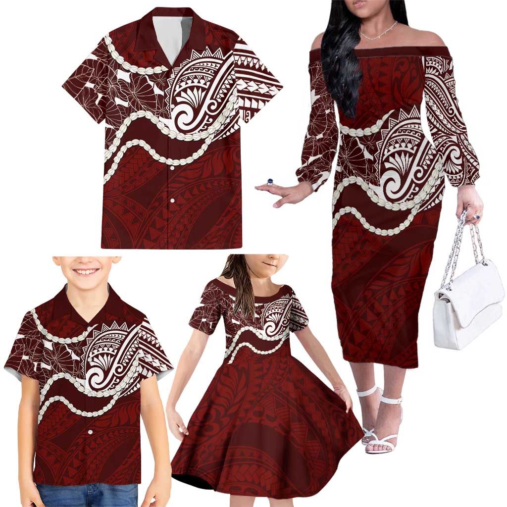 Aloha Hawaii Kalo Pikake Lei Family Matching Off The Shoulder Long Sleeve Dress and Hawaiian Shirt Chest Tattoo Oxblood Hawaiian Pattern LT14 - Polynesian Pride