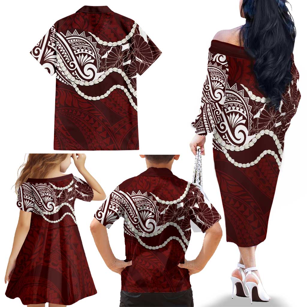 Aloha Hawaii Kalo Pikake Lei Family Matching Off The Shoulder Long Sleeve Dress and Hawaiian Shirt Chest Tattoo Oxblood Hawaiian Pattern LT14 - Polynesian Pride