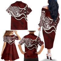 Aloha Hawaii Kalo Pikake Lei Family Matching Off The Shoulder Long Sleeve Dress and Hawaiian Shirt Chest Tattoo Oxblood Hawaiian Pattern LT14 - Polynesian Pride