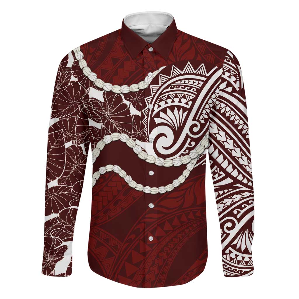 Aloha Hawaii Kalo Pikake Lei Family Matching Off The Shoulder Long Sleeve Dress and Hawaiian Shirt Chest Tattoo Oxblood Hawaiian Pattern LT14 Dad's Shirt - Long Sleeve Oxblood - Polynesian Pride