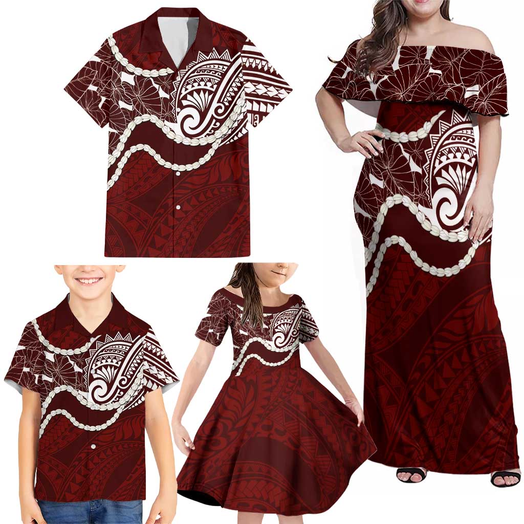 Aloha Hawaii Kalo Pikake Lei Family Matching Off Shoulder Maxi Dress and Hawaiian Shirt Chest Tattoo Oxblood Hawaiian Pattern