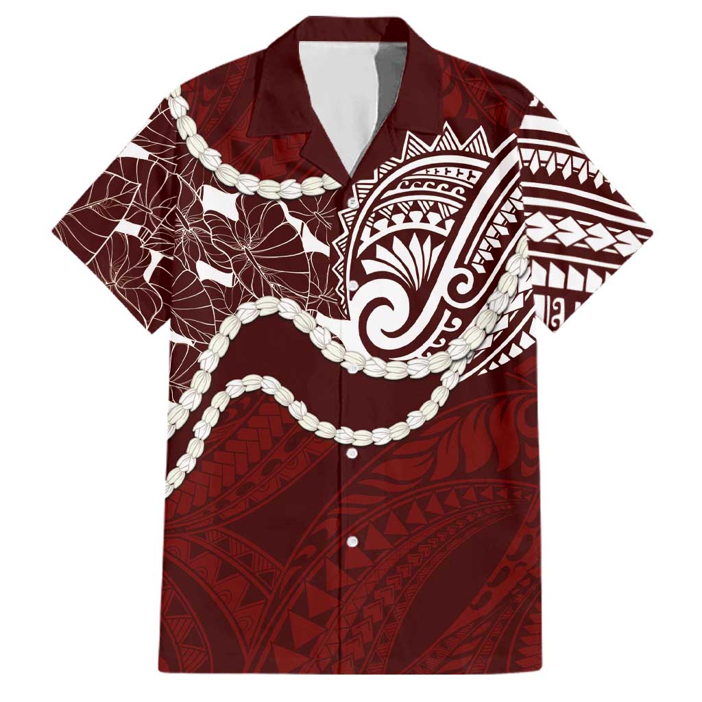 Aloha Hawaii Kalo Pikake Lei Family Matching Off Shoulder Maxi Dress and Hawaiian Shirt Chest Tattoo Oxblood Hawaiian Pattern LT14 Dad's Shirt - Short Sleeve Oxblood - Polynesian Pride