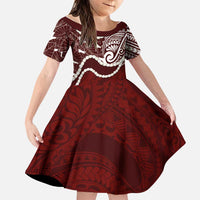Aloha Hawaii Kalo Pikake Lei Family Matching Off Shoulder Short Dress and Hawaiian Shirt Chest Tattoo Oxblood Hawaiian Pattern LT14 Daughter's Dress Oxblood - Polynesian Pride